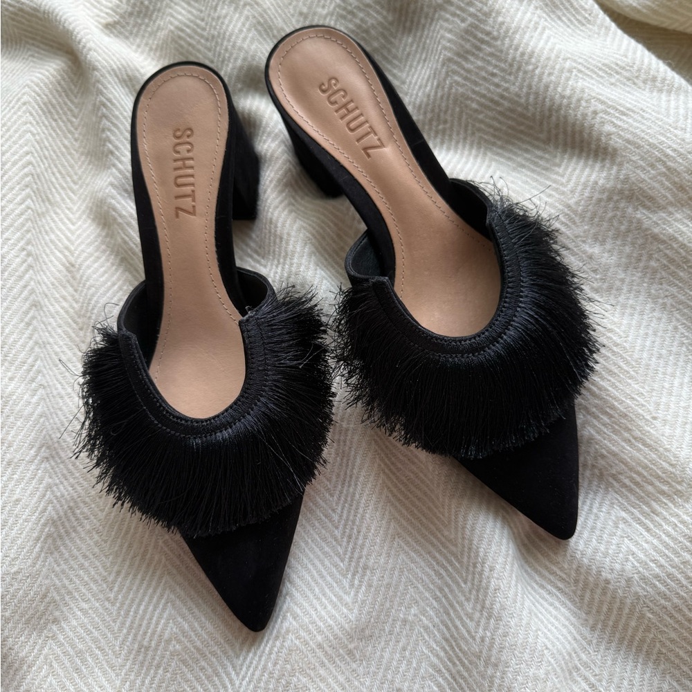 SCHUTZ Black Fringe Mules